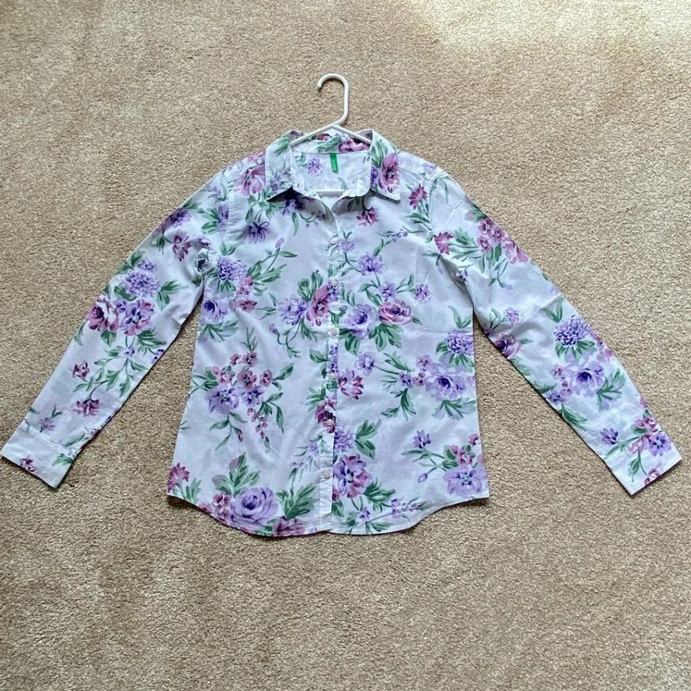 Benetton White and Purple Floral Long Sleeve Button-Down Shirt Size S - Picture 2 of 4